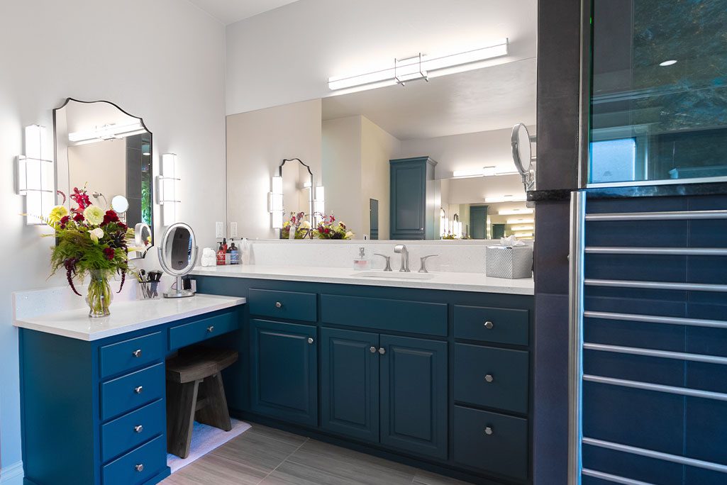 Master Bathroom remodel with Custom Dark Blue Vanity